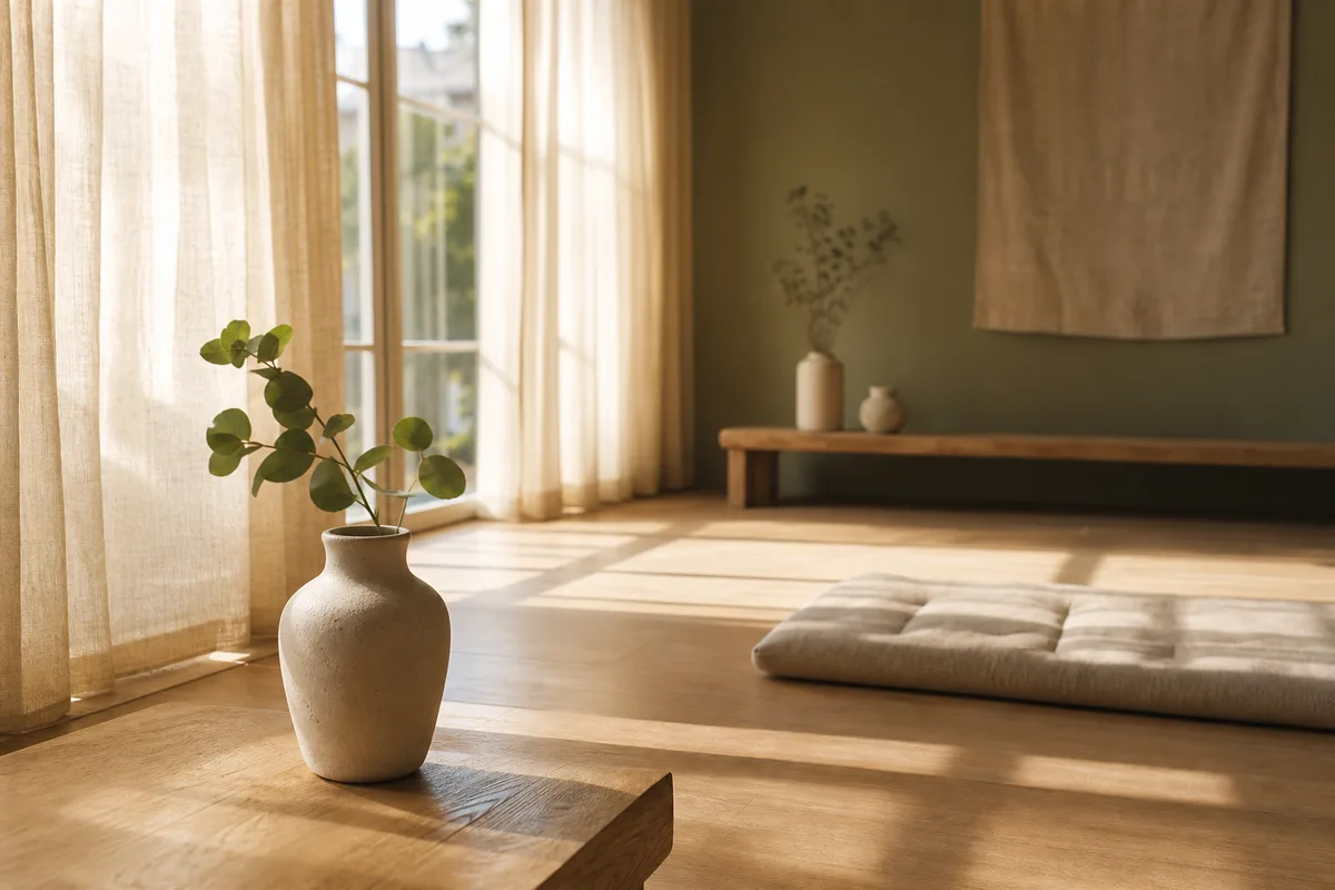 Fenêtre en lin laissant filtrer une lumière douce sur un parquet clair
